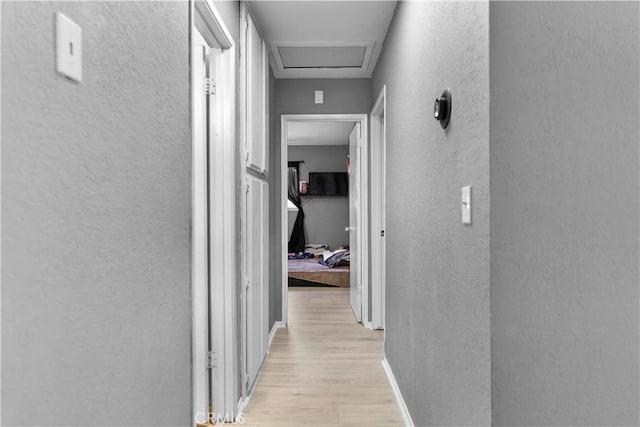 corridor with attic access, baseboards, a textured wall, and light wood finished floors