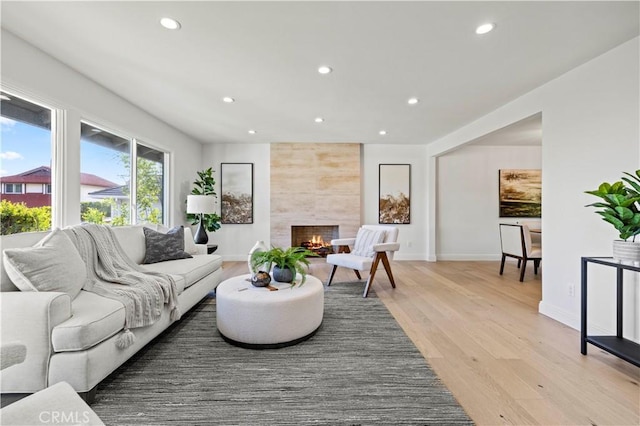 living room with a tile fireplace and light hardwood / wood-style flooring