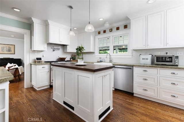 kitchen with hanging light fixtures, dark hardwood / wood-style flooring, decorative backsplash, white cabinets, and appliances with stainless steel finishes