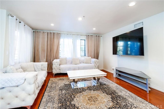 living room with dark wood-type flooring