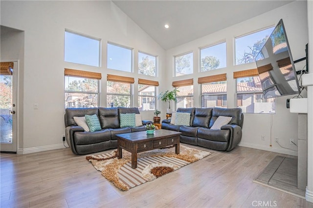 living room featuring high vaulted ceiling and light hardwood / wood-style flooring