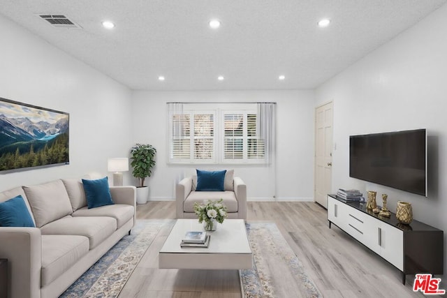 living room featuring a textured ceiling and light hardwood / wood-style flooring