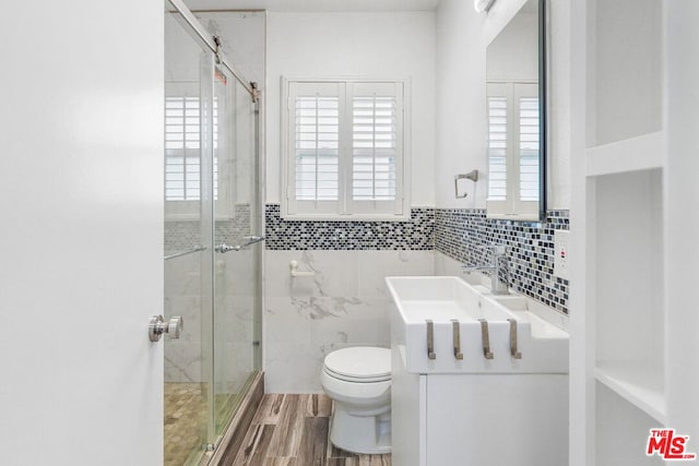 bathroom featuring vanity, toilet, wood-type flooring, and tile walls