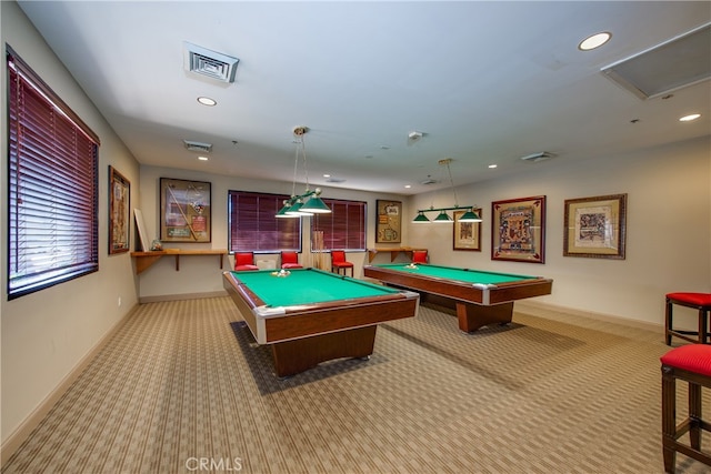 recreation room featuring light colored carpet and billiards