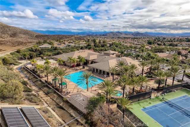 drone / aerial view featuring a mountain view