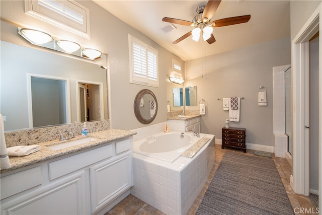 bathroom featuring ceiling fan, tile patterned flooring, vanity, and shower with separate bathtub