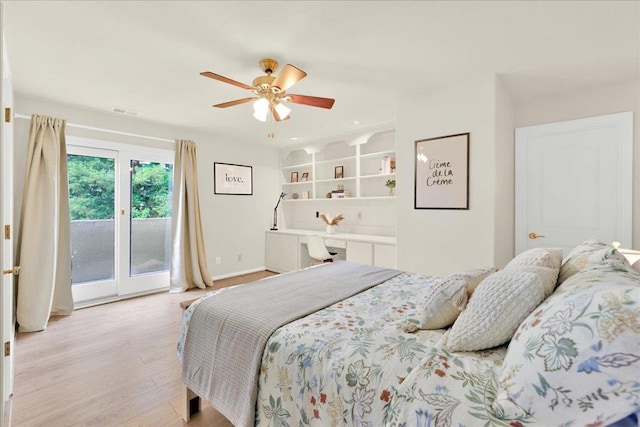 bedroom featuring ceiling fan, access to outside, and light wood-type flooring