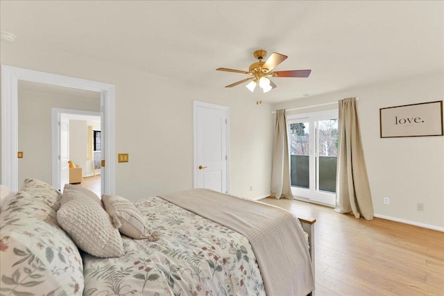 bedroom with ceiling fan and light hardwood / wood-style floors