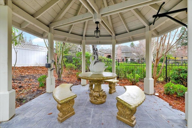 view of patio / terrace featuring ceiling fan and a gazebo