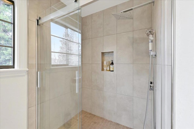 bathroom with a shower with shower door and plenty of natural light