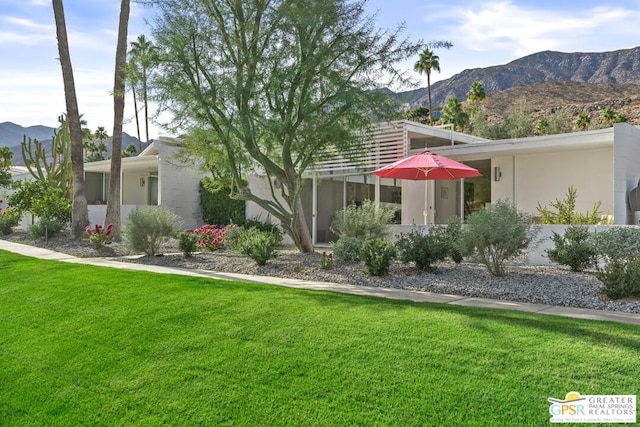 rear view of property with a mountain view and a lawn