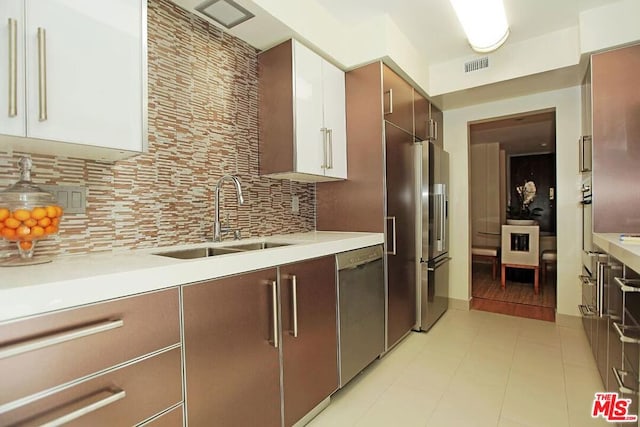 kitchen featuring backsplash, stainless steel appliances, white cabinetry, and sink