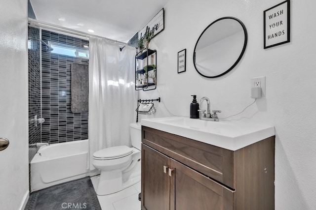 full bathroom with toilet, vanity, tile patterned floors, and shower / bath combo with shower curtain