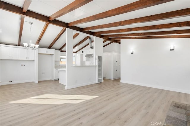 unfurnished living room featuring light wood-type flooring, lofted ceiling with beams, and a notable chandelier