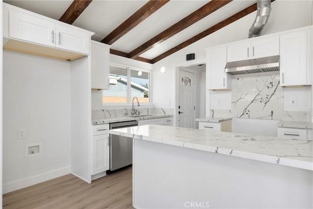 kitchen with white cabinetry, dishwasher, and sink