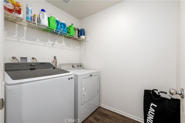 laundry area with washing machine and dryer and dark wood-type flooring