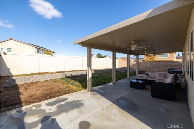 view of patio featuring ceiling fan and an outdoor hangout area