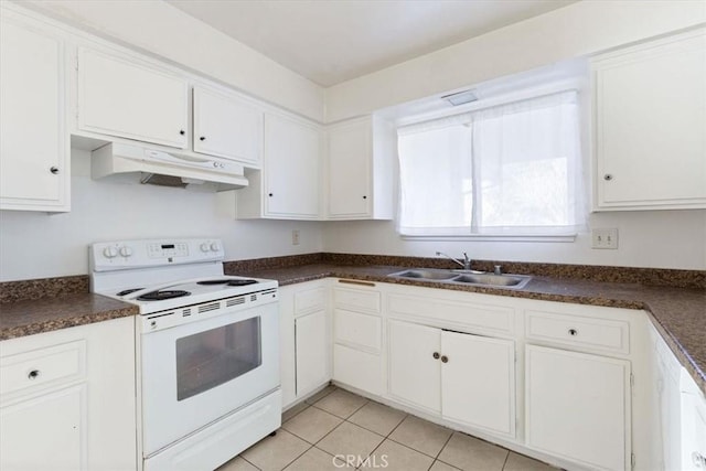 kitchen featuring electric stove, sink, white cabinets, and light tile patterned flooring