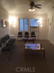 carpeted living room featuring ceiling fan and cooling unit