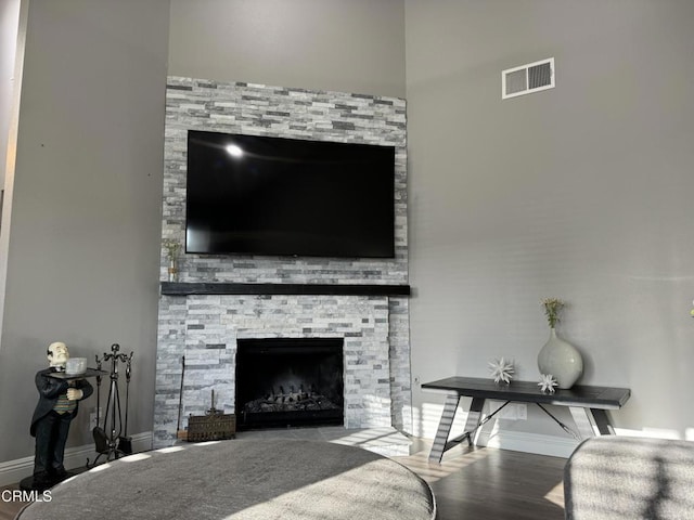 room details featuring a stone fireplace and hardwood / wood-style floors