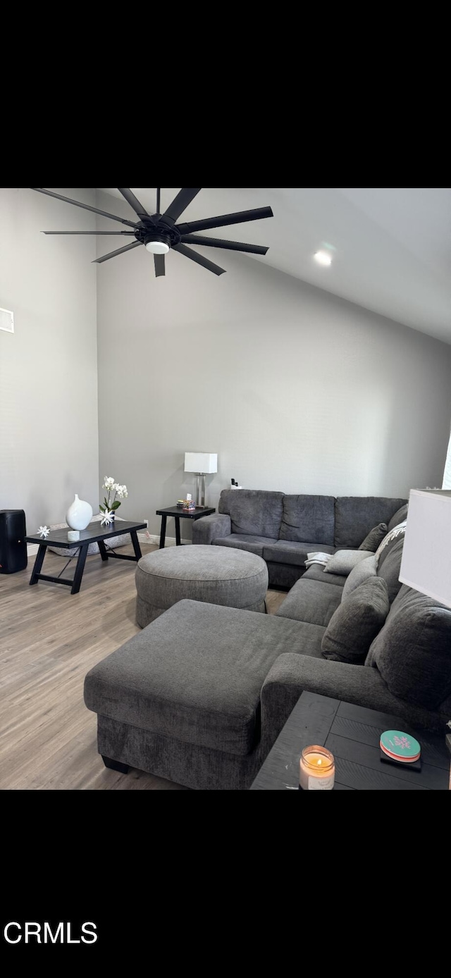 living room with ceiling fan and hardwood / wood-style flooring