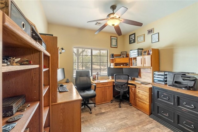 office space with ceiling fan and light wood-type flooring