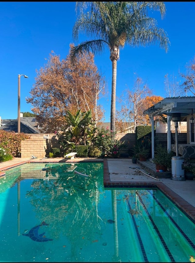 view of pool featuring a pergola and a diving board