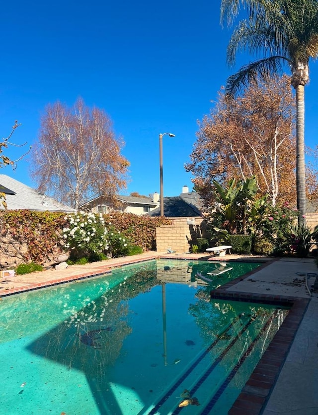 view of swimming pool featuring a diving board