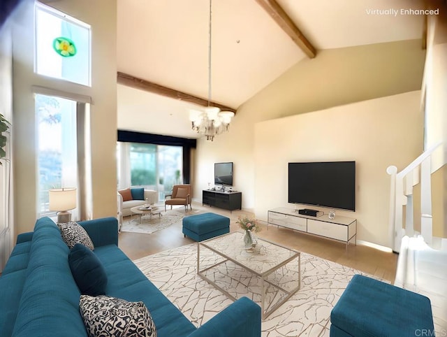 living room featuring wood-type flooring, beam ceiling, high vaulted ceiling, and a notable chandelier