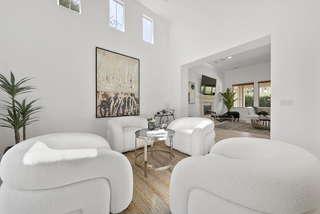 living room featuring a high ceiling and hardwood / wood-style flooring