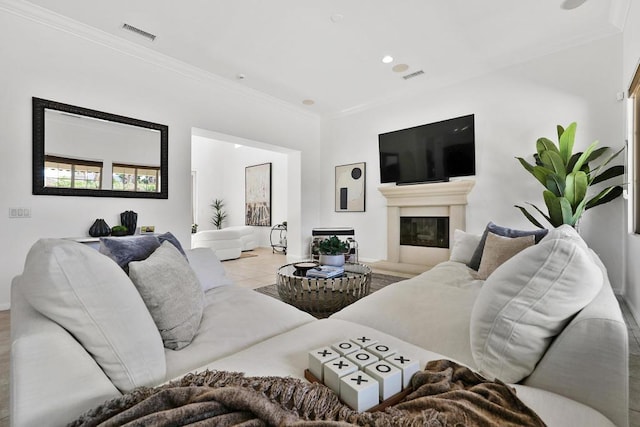 living room with crown molding