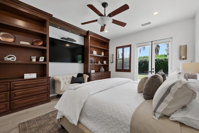 bedroom with french doors, access to outside, light hardwood / wood-style flooring, and ceiling fan