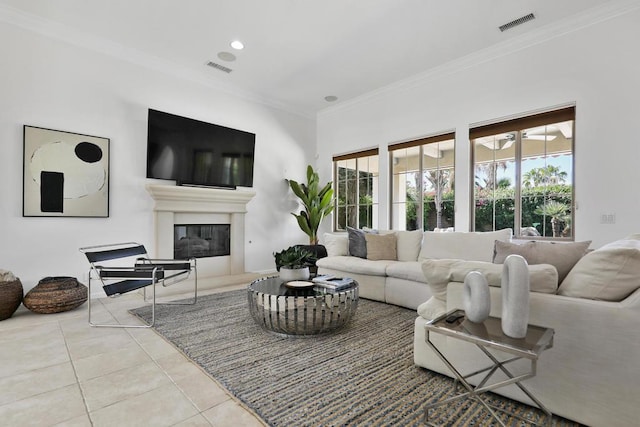 tiled living room with crown molding