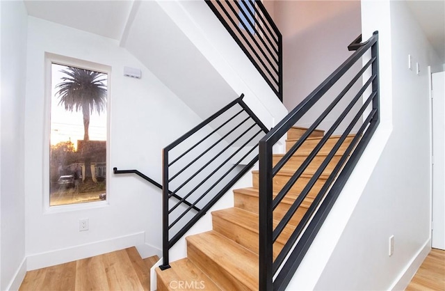 staircase with hardwood / wood-style floors