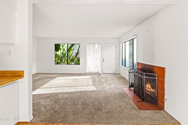 living room with a tile fireplace and carpet flooring