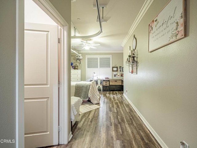 corridor featuring ornamental molding and wood-type flooring