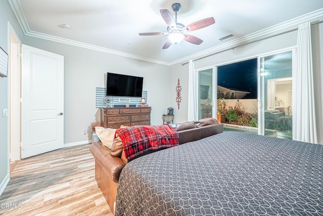 bedroom with crown molding, access to outside, light hardwood / wood-style floors, and ceiling fan