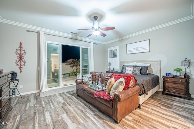 bedroom with ornamental molding, access to outside, ceiling fan, and light hardwood / wood-style floors