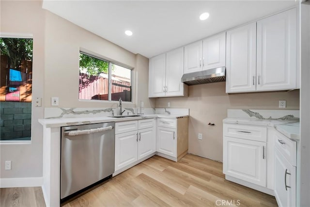 kitchen featuring stainless steel dishwasher, light hardwood / wood-style floors, white cabinetry, and sink