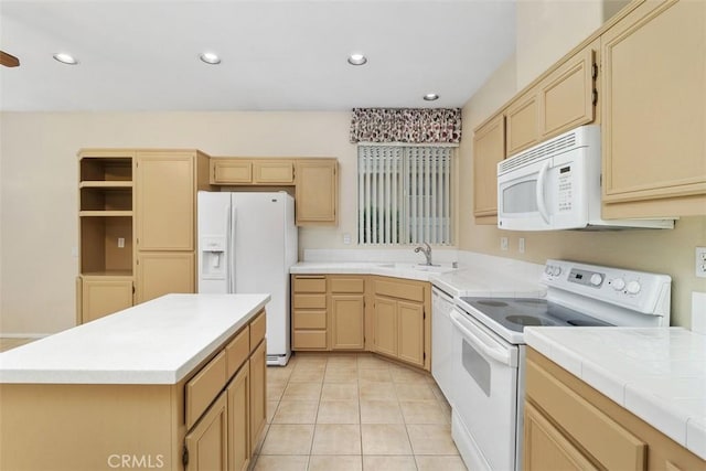 kitchen with white appliances, a center island, light brown cabinetry, sink, and light tile patterned flooring