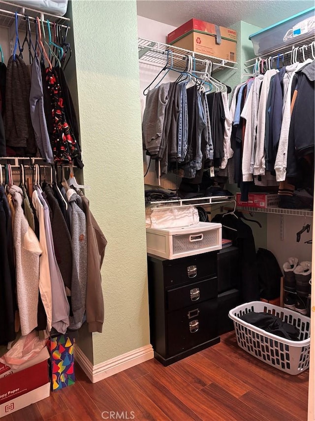 spacious closet with dark hardwood / wood-style flooring