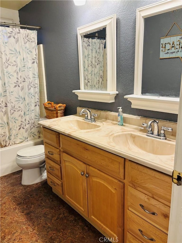 full bathroom featuring vanity, toilet, and shower / bathtub combination with curtain