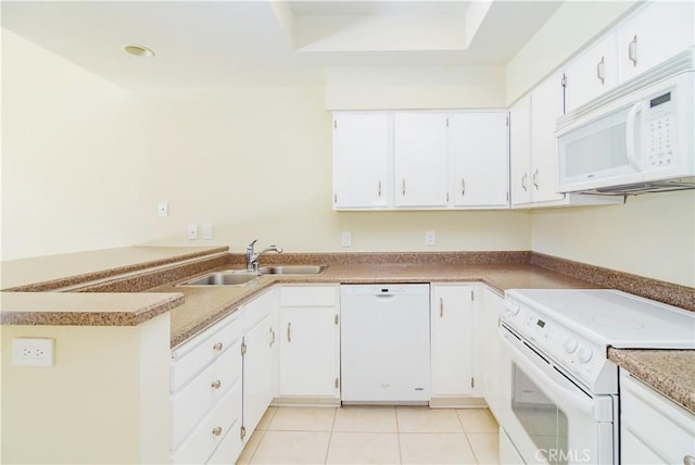 kitchen featuring light tile patterned flooring, sink, white cabinets, and white appliances