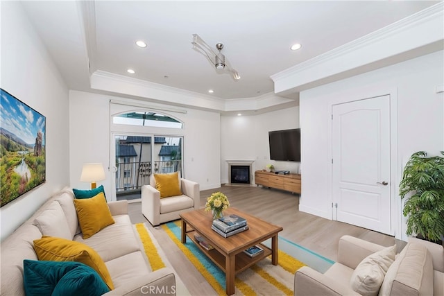 living room featuring light hardwood / wood-style floors, a tray ceiling, and crown molding