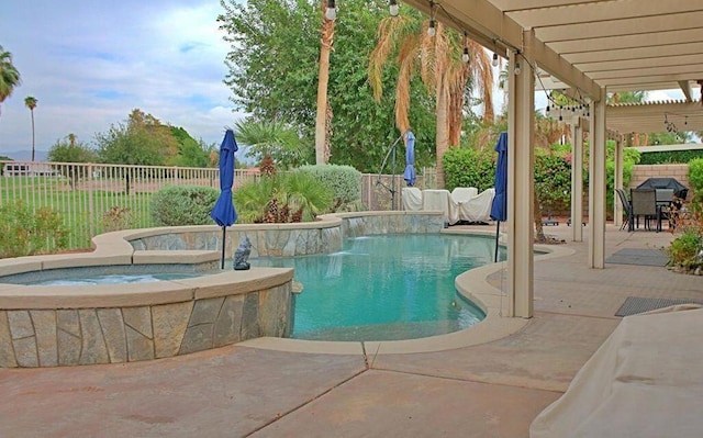 view of swimming pool featuring a pergola, a patio area, and an in ground hot tub