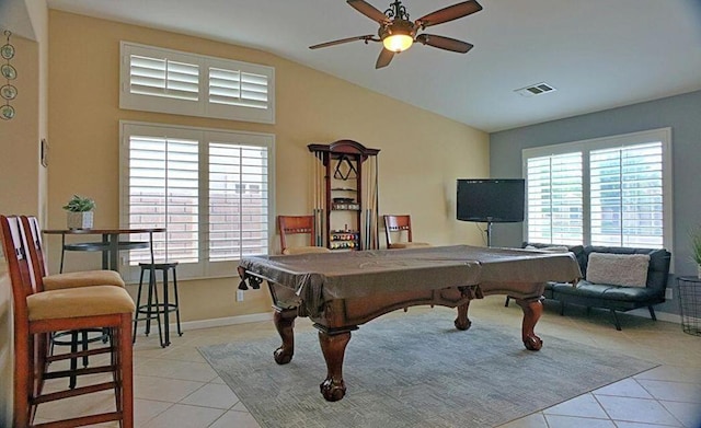 game room featuring ceiling fan, light tile patterned flooring, lofted ceiling, and pool table