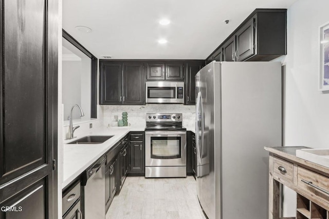 kitchen with decorative backsplash, sink, light hardwood / wood-style flooring, and appliances with stainless steel finishes