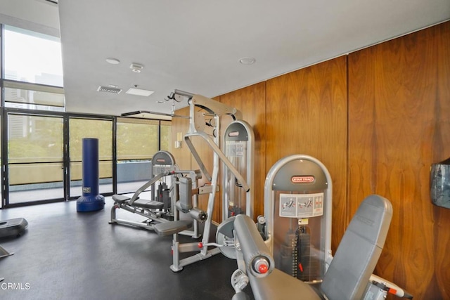 gym featuring wood walls and floor to ceiling windows