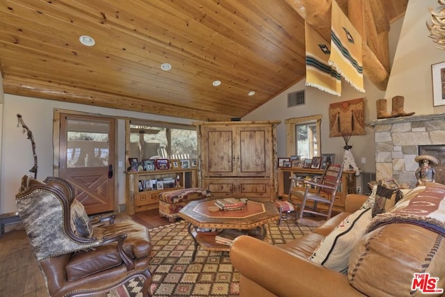 living room featuring hardwood / wood-style flooring, a healthy amount of sunlight, and wood ceiling