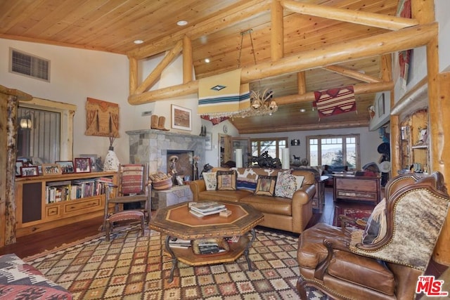 living room featuring high vaulted ceiling, wood-type flooring, and wood ceiling